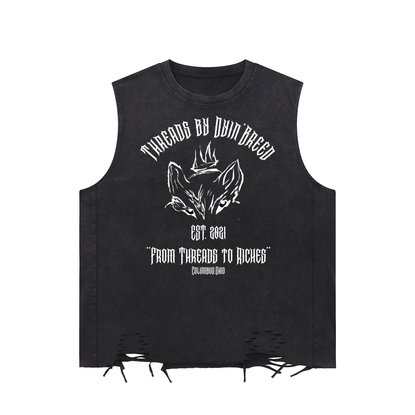 Washed Raw-Hem "THREADS TO RICHES." Tank Top