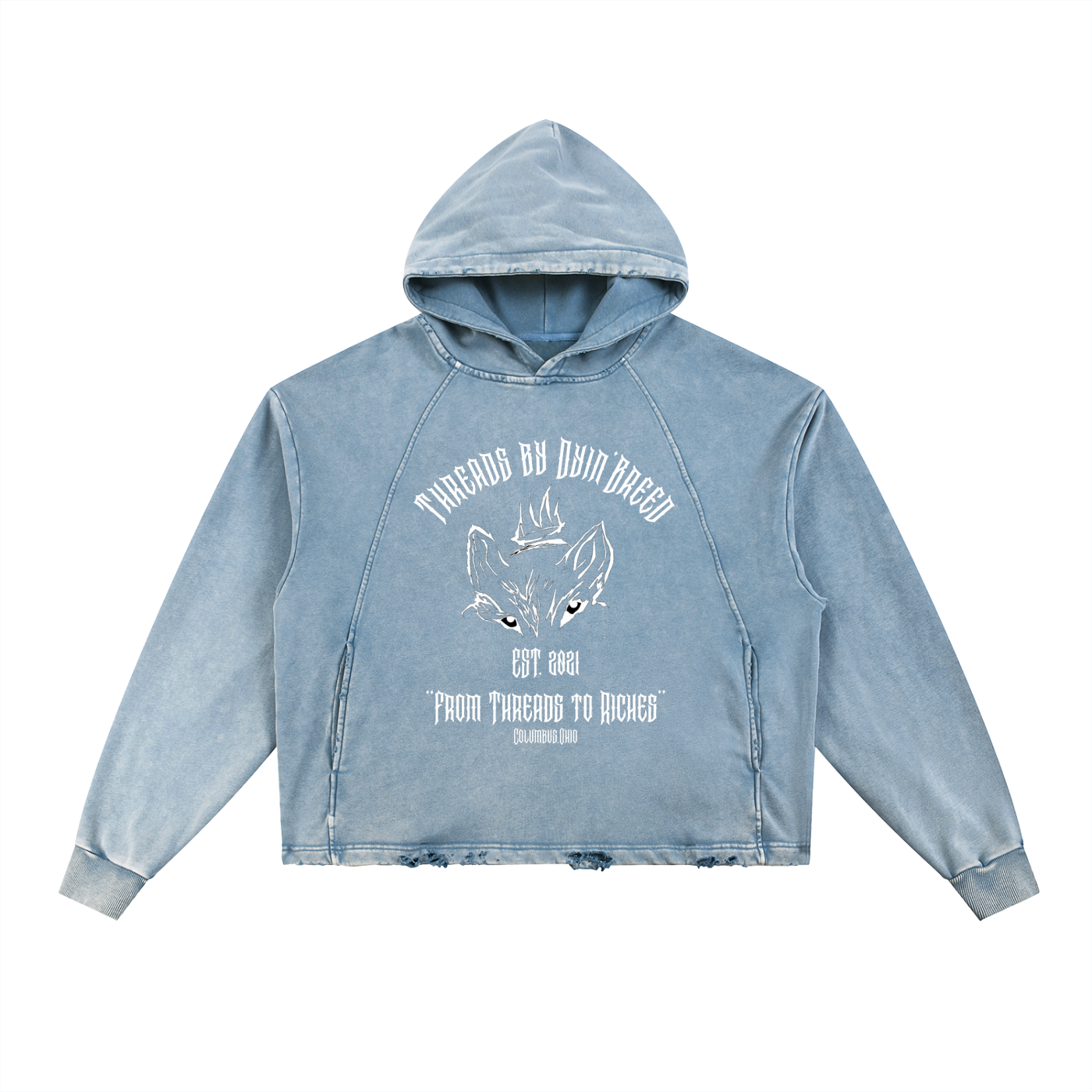 Vintage Wash “THREADS TO RICHES.” Distressed Hoodie