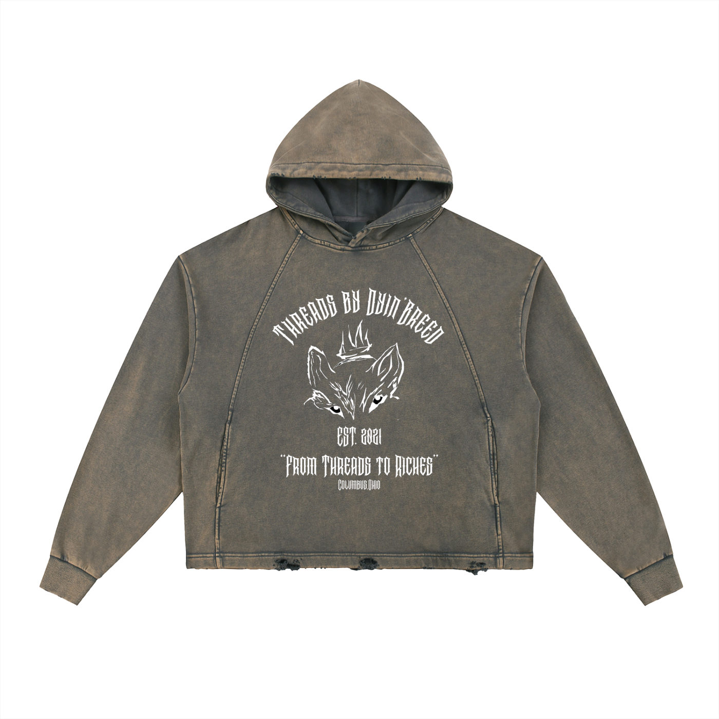 Vintage Wash “THREADS TO RICHES.” Distressed Hoodie