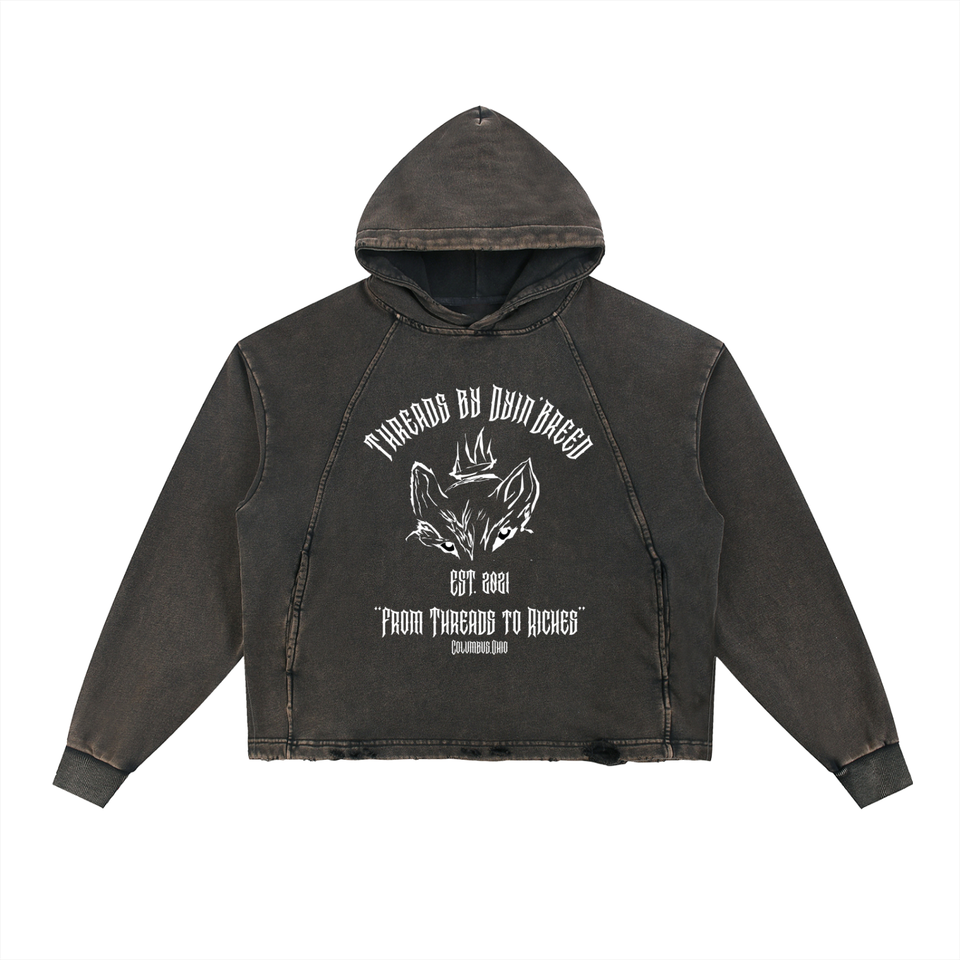 Vintage Wash “THREADS TO RICHES.”  Distressed Hoodie
