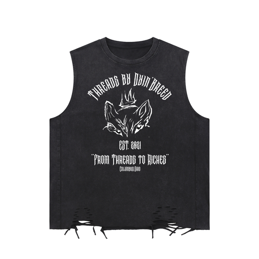 Washed Raw-Hem "THREADS TO RICHES." Tank Top