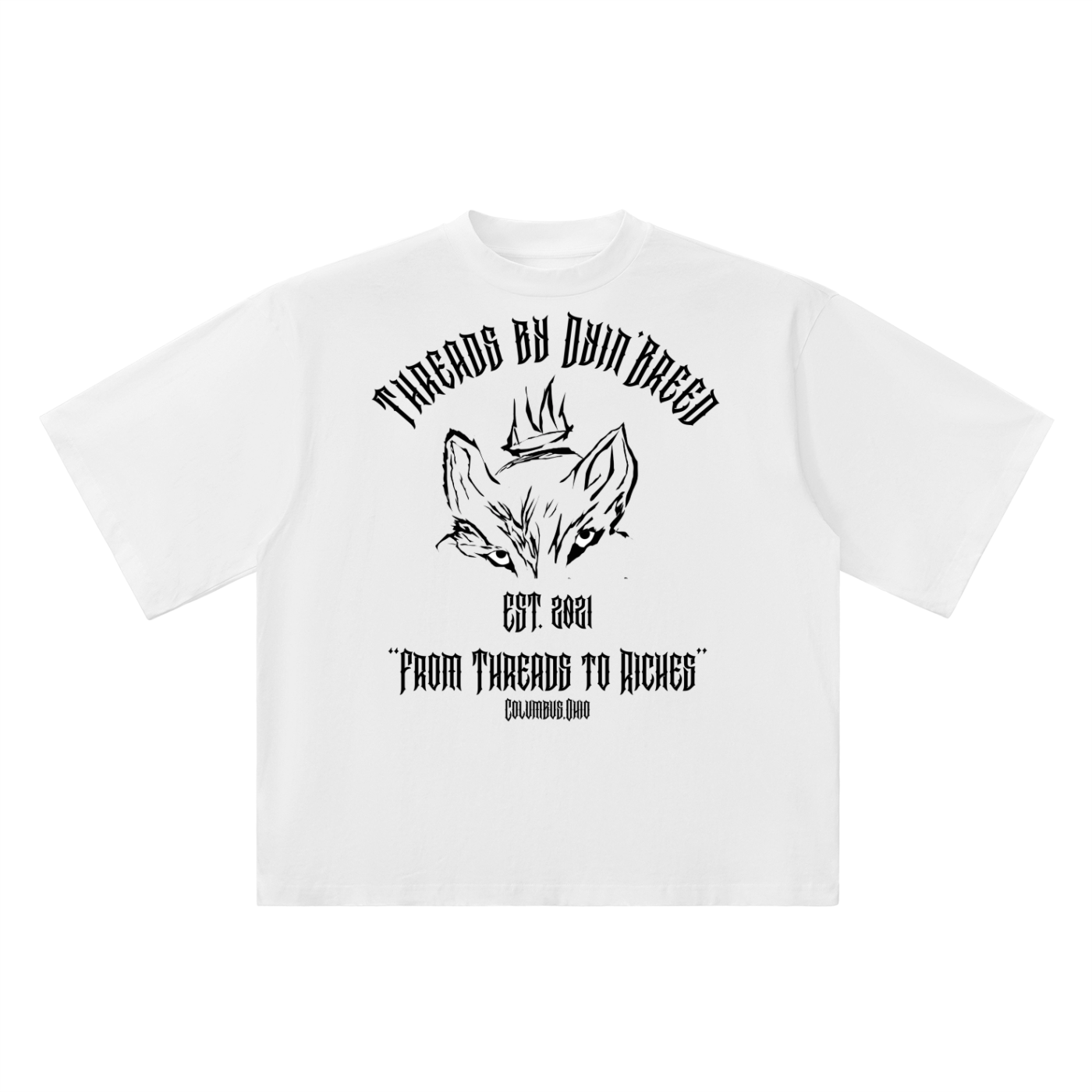 Oversized "THREADS TO RICHES." Drop Shoulder Tee (White)