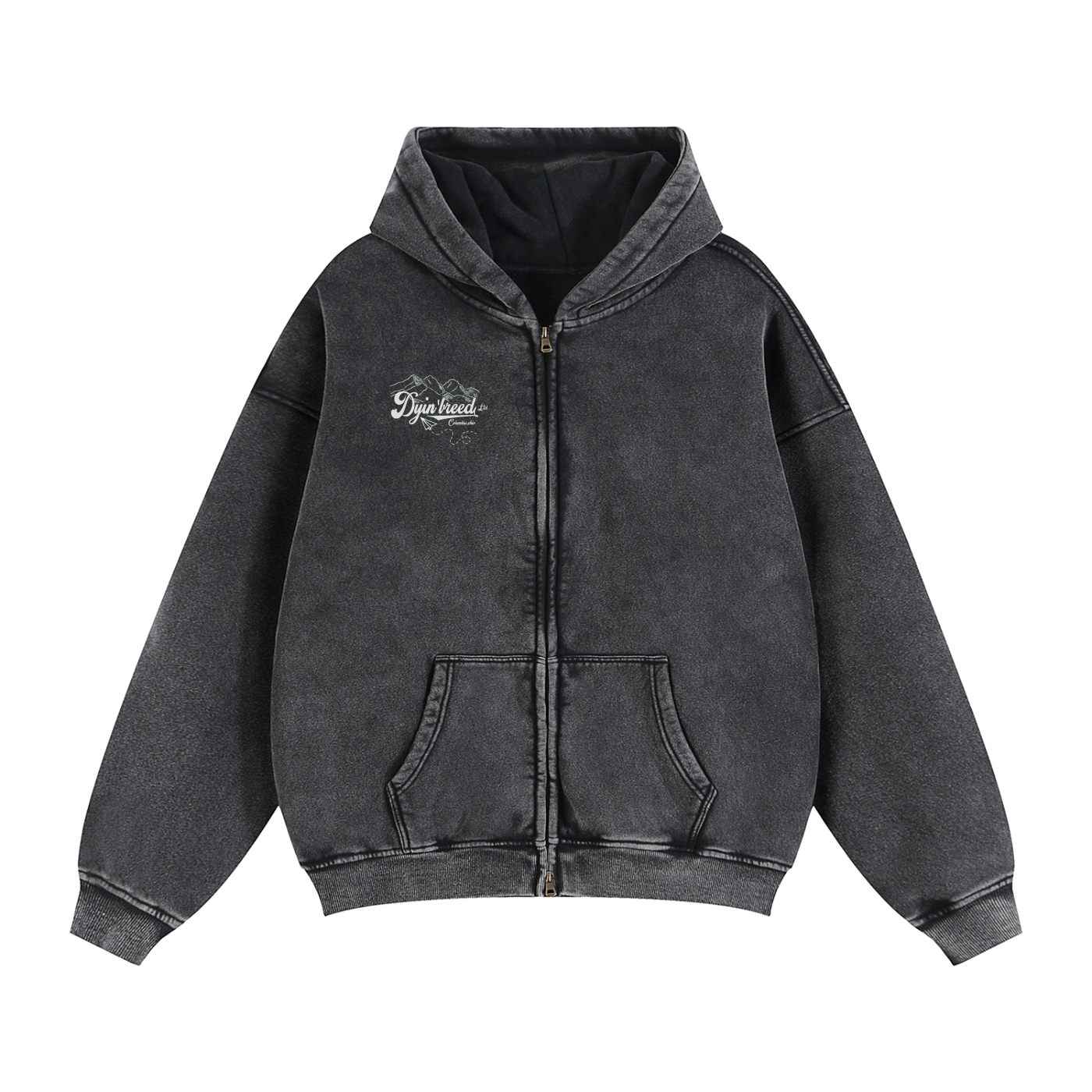 Washed Zip-up Box Fit  "CHAOS." Hoodie